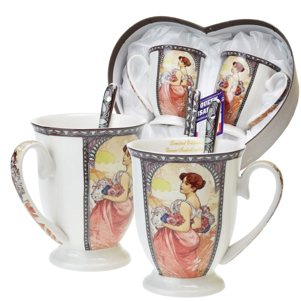 Queen Isabell Collection Přátelská souprava Alfons Mucha v srdci - 2 x hrnek 300 ml se lžičkou