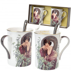 Queen Isabell Collection Porcelánové Hrnky se lžičkou Alfons Mucha SMARAGD, sada 2 ks - 280 ml