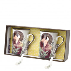 Queen Isabell Collection Porcelánové Hrnky se lžičkou Alfons Mucha SMARAGD, sada 2 ks - 280 ml